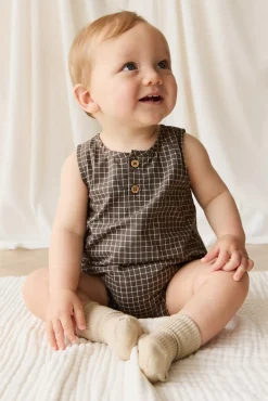 Organic Cotton Archie Playsuit - Coffee Grid