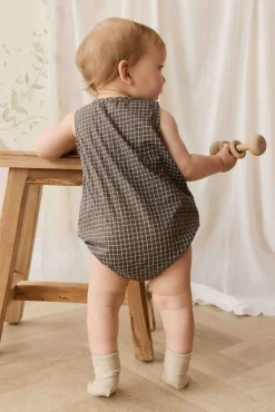 Organic Cotton Archie Playsuit - Coffee Grid