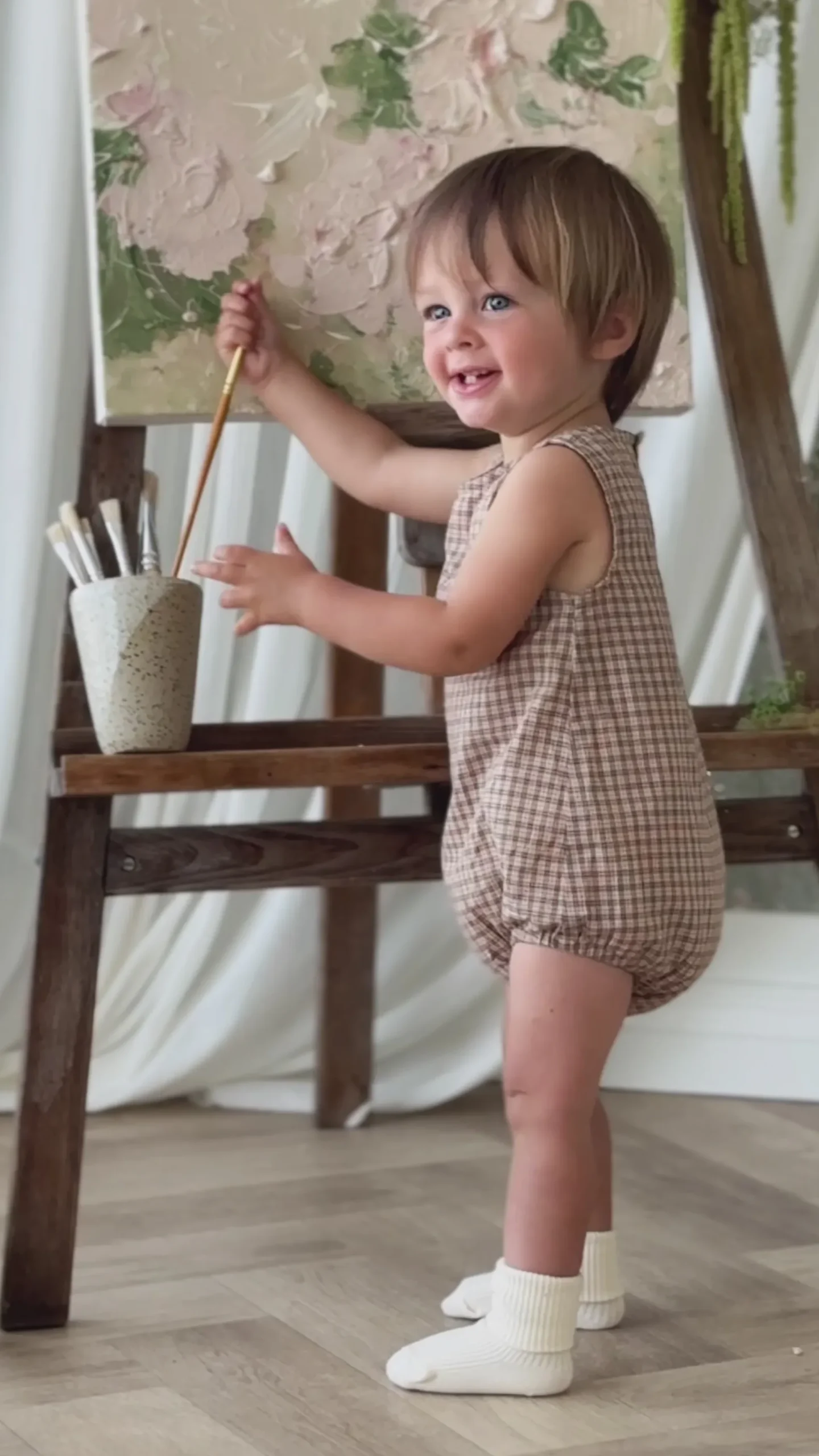 Organic Cotton Bentley Playsuit - Cabin Check Cocoa