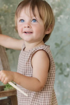 Organic Cotton Bentley Playsuit - Cabin Check Cocoa