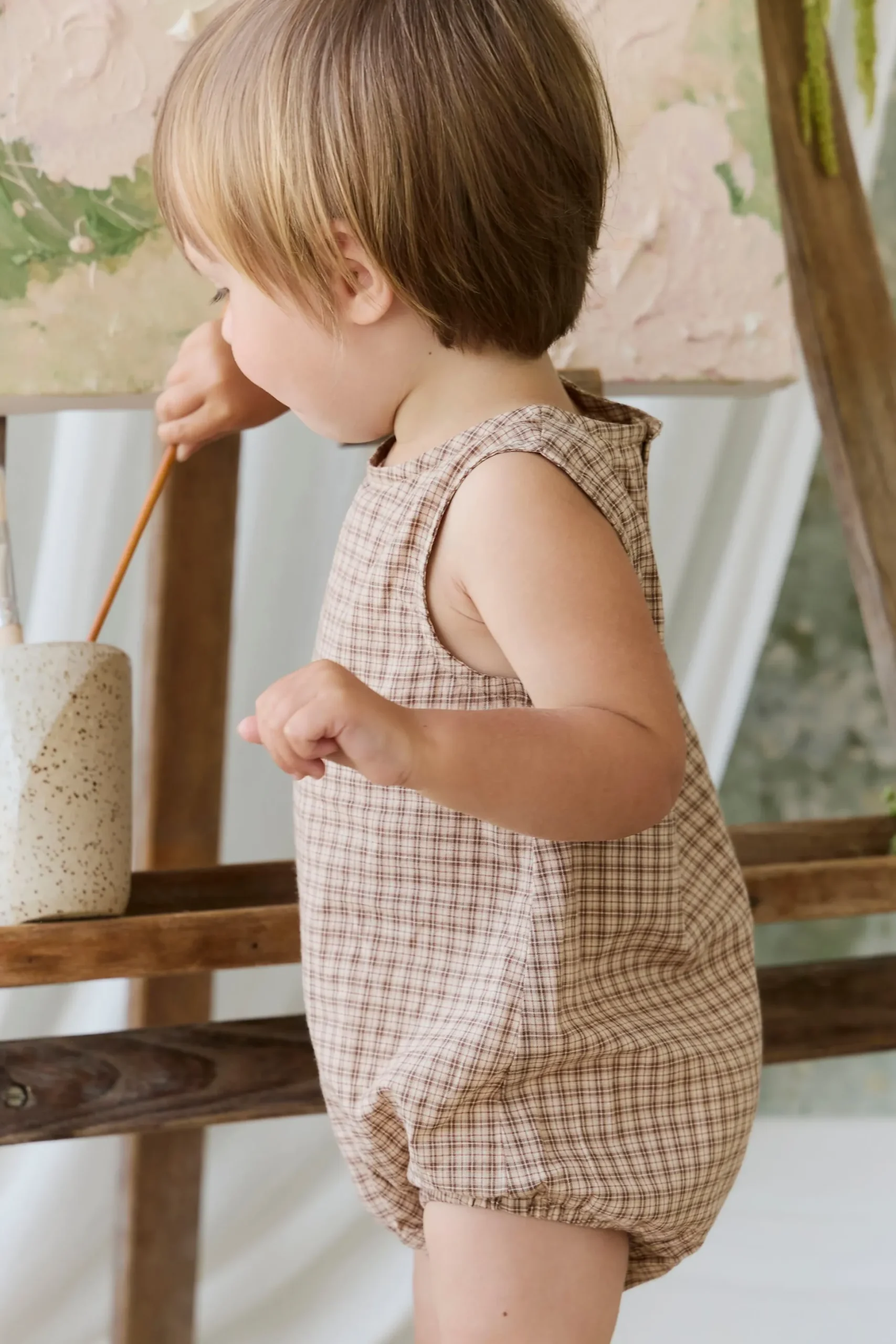 Organic Cotton Bentley Playsuit - Cabin Check Cocoa