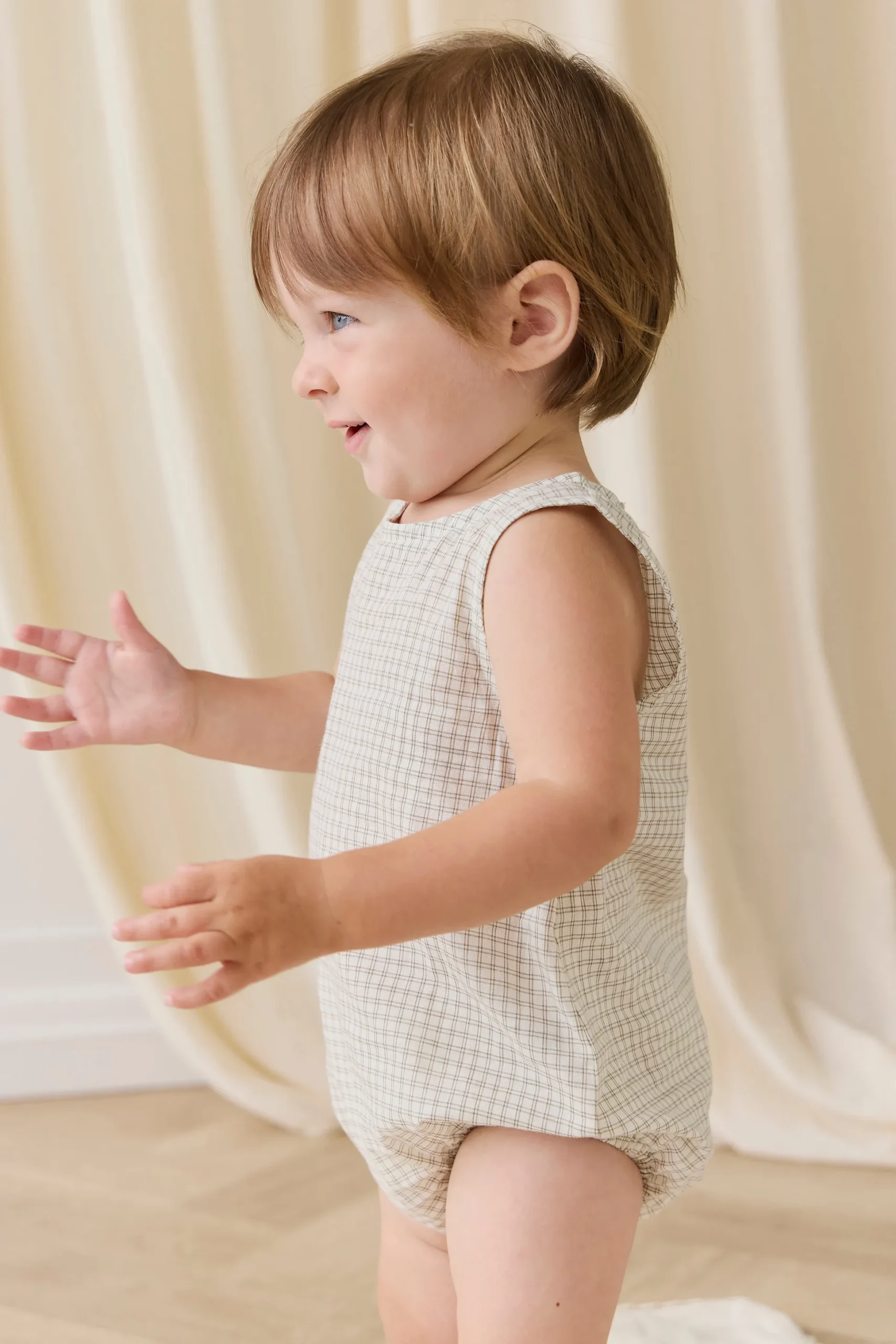 Organic Cotton Bentley Playsuit-Double Windowpane Check Pecan