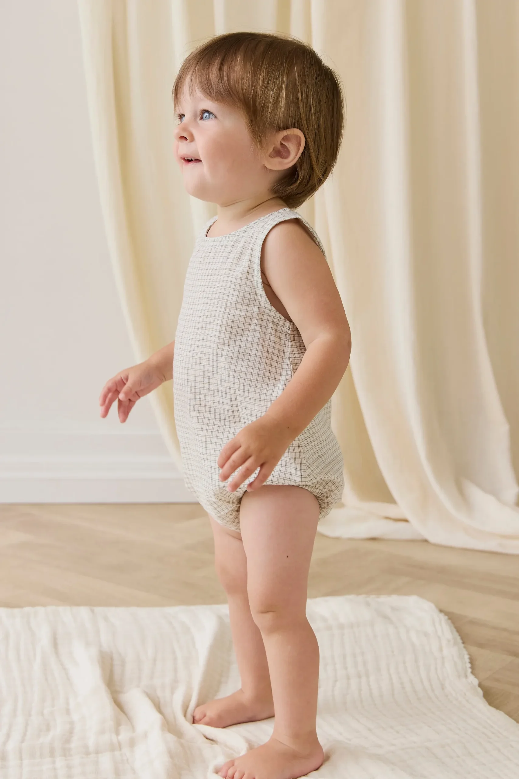 Organic Cotton Bentley Playsuit-Double Windowpane Check Pecan