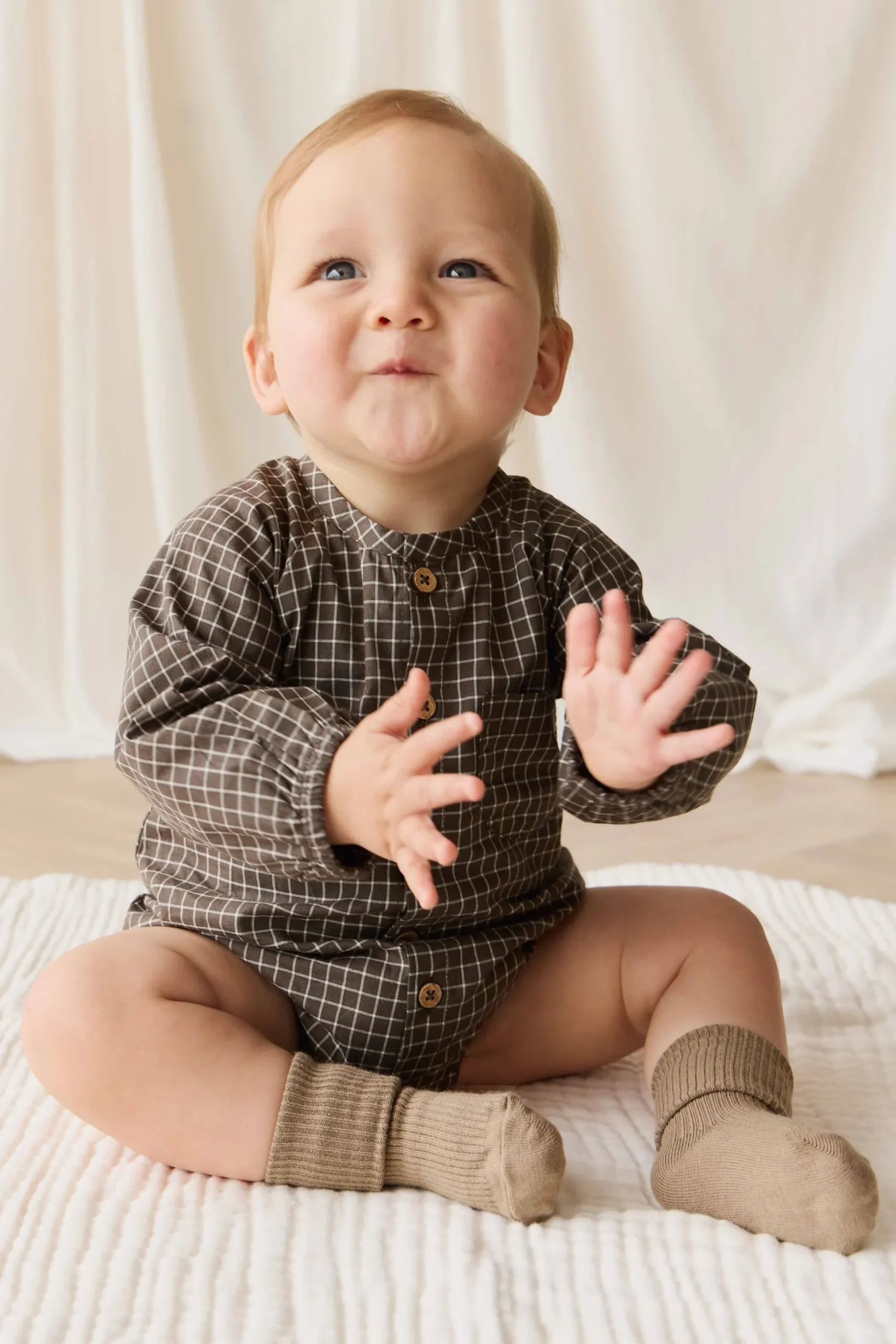 Organic Cotton Ellis Playsuit - Coffee Grid
