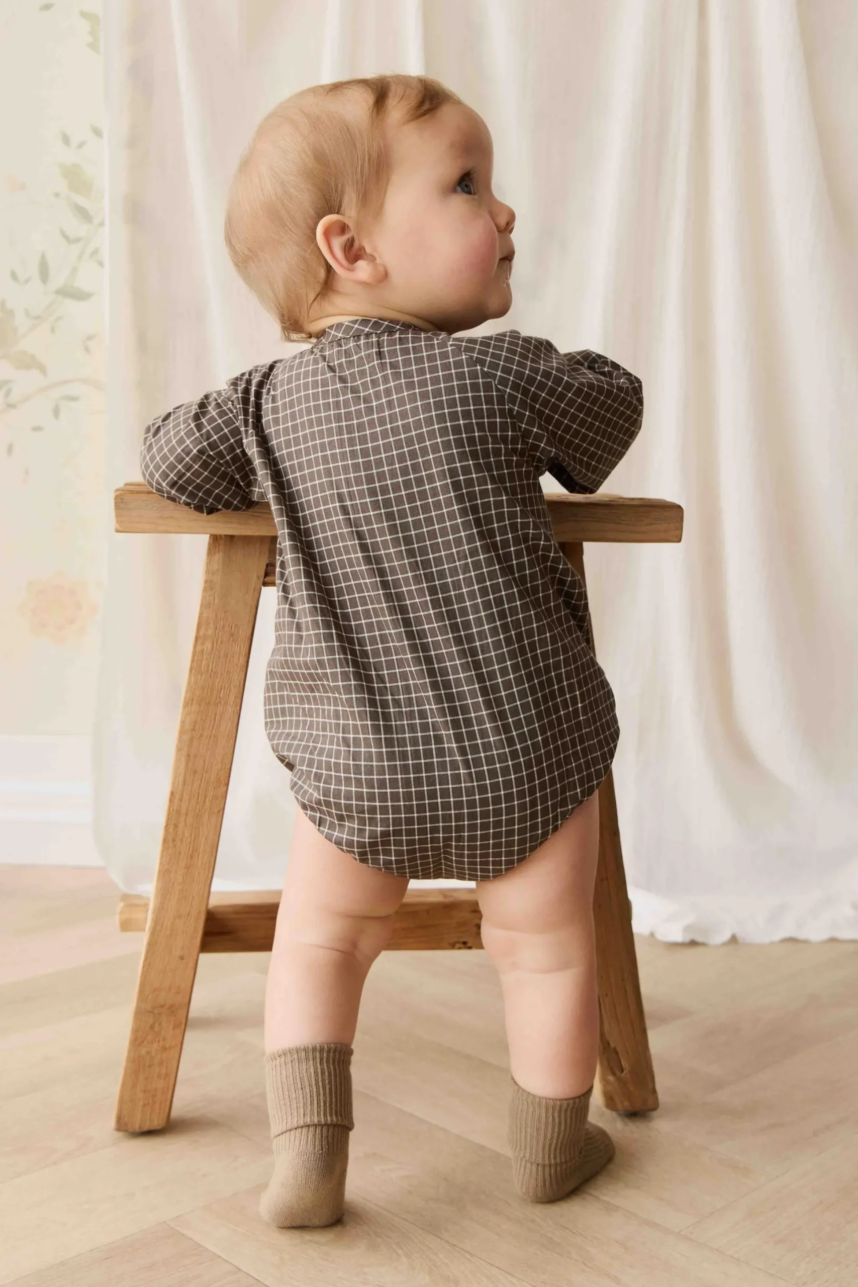Organic Cotton Ellis Playsuit - Coffee Grid