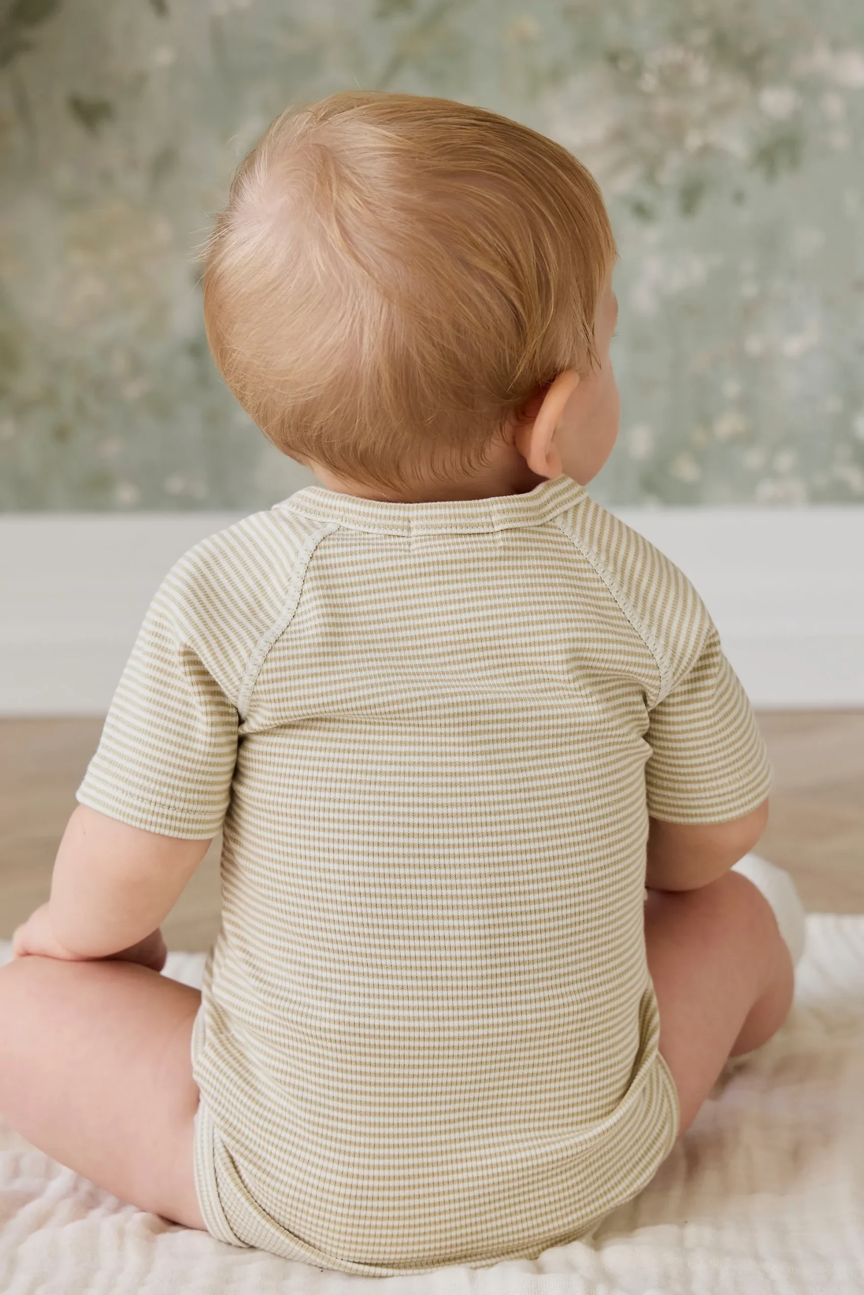 Organic Cotton Fine Rib Micah Short Sleeve Playsuit - Petite Stripe Hay/Cloud