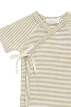 Organic Cotton Fine Rib Micah Short Sleeve Playsuit - Petite Stripe Hay/Cloud