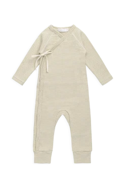 Organic Cotton Fine Rib Micah Wrap Onepiece - Petite Stripe Hay/Cloud