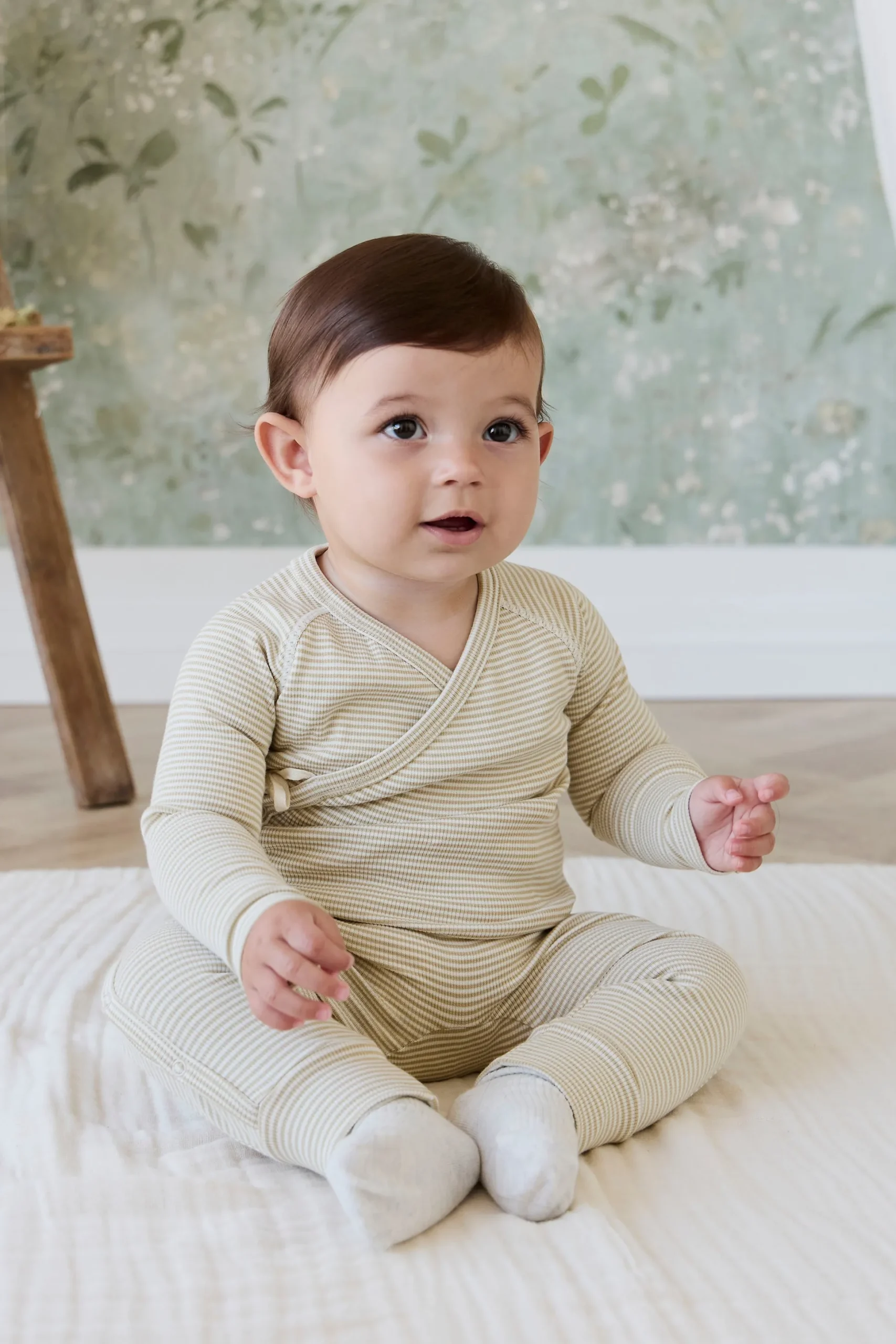Organic Cotton Fine Rib Micah Wrap Onepiece - Petite Stripe Hay/Cloud
