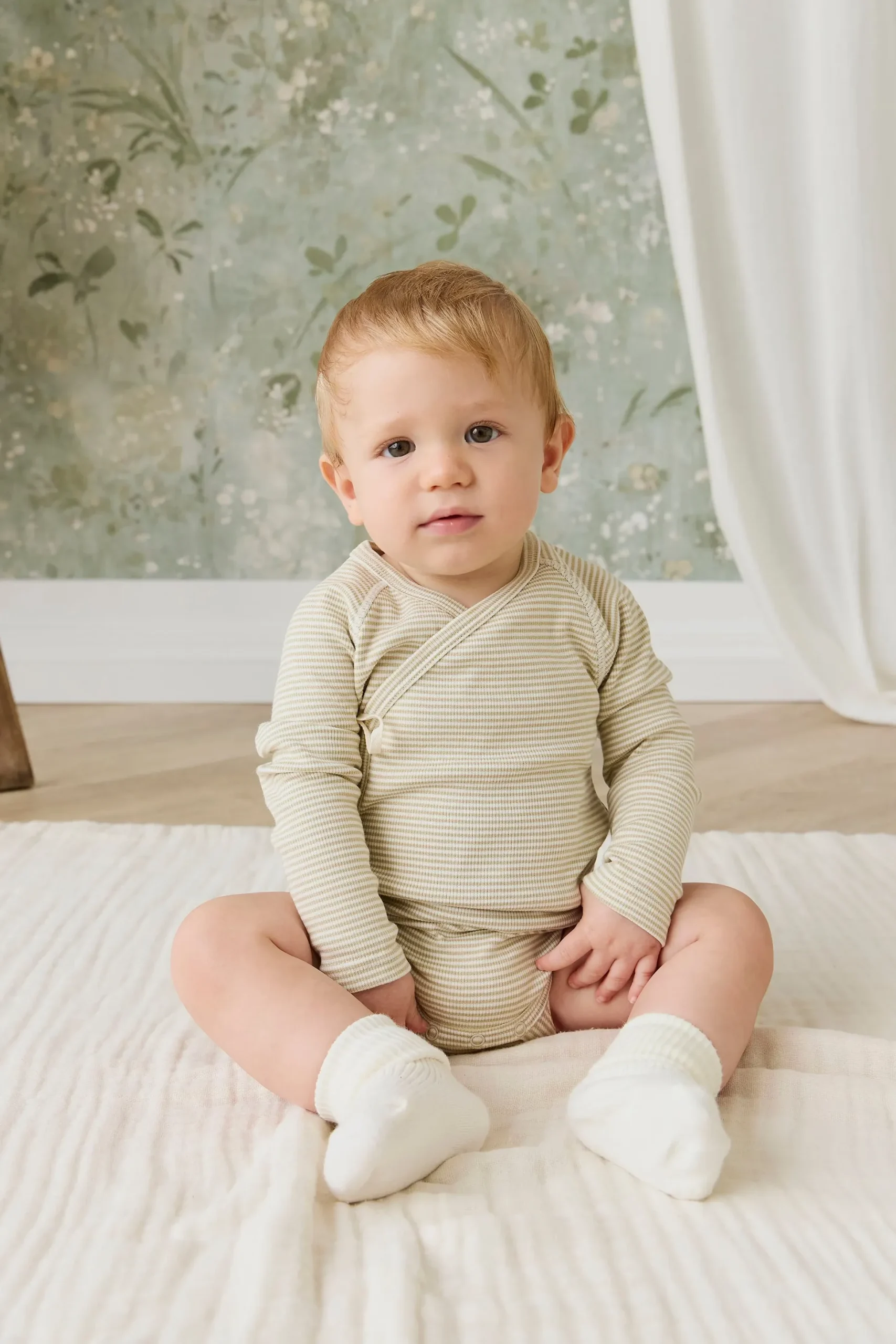 Organic Cotton Fine Rib Micah Long Sleeve Playsuit - Petite Stripe Hay/Cloud
