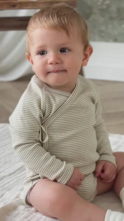 Organic Cotton Fine Rib Micah Long Sleeve Playsuit - Petite Stripe Hay/Cloud