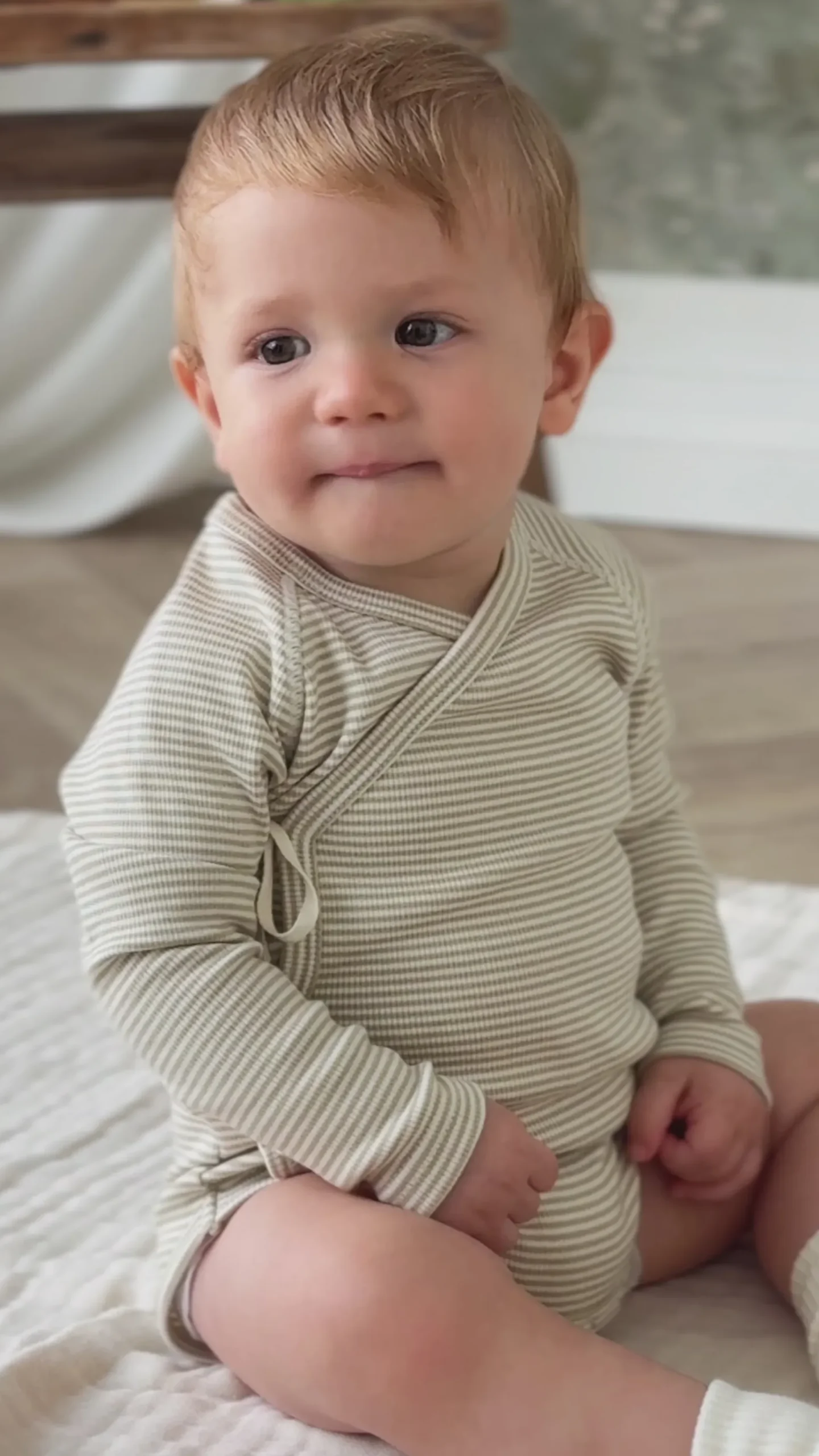 Organic Cotton Fine Rib Micah Long Sleeve Playsuit - Petite Stripe Hay/Cloud