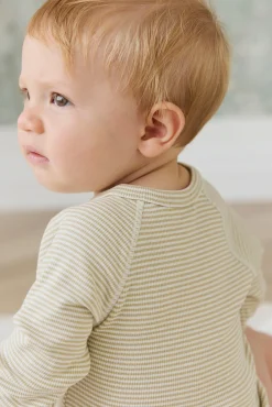 Organic Cotton Fine Rib Micah Long Sleeve Playsuit - Petite Stripe Hay/Cloud