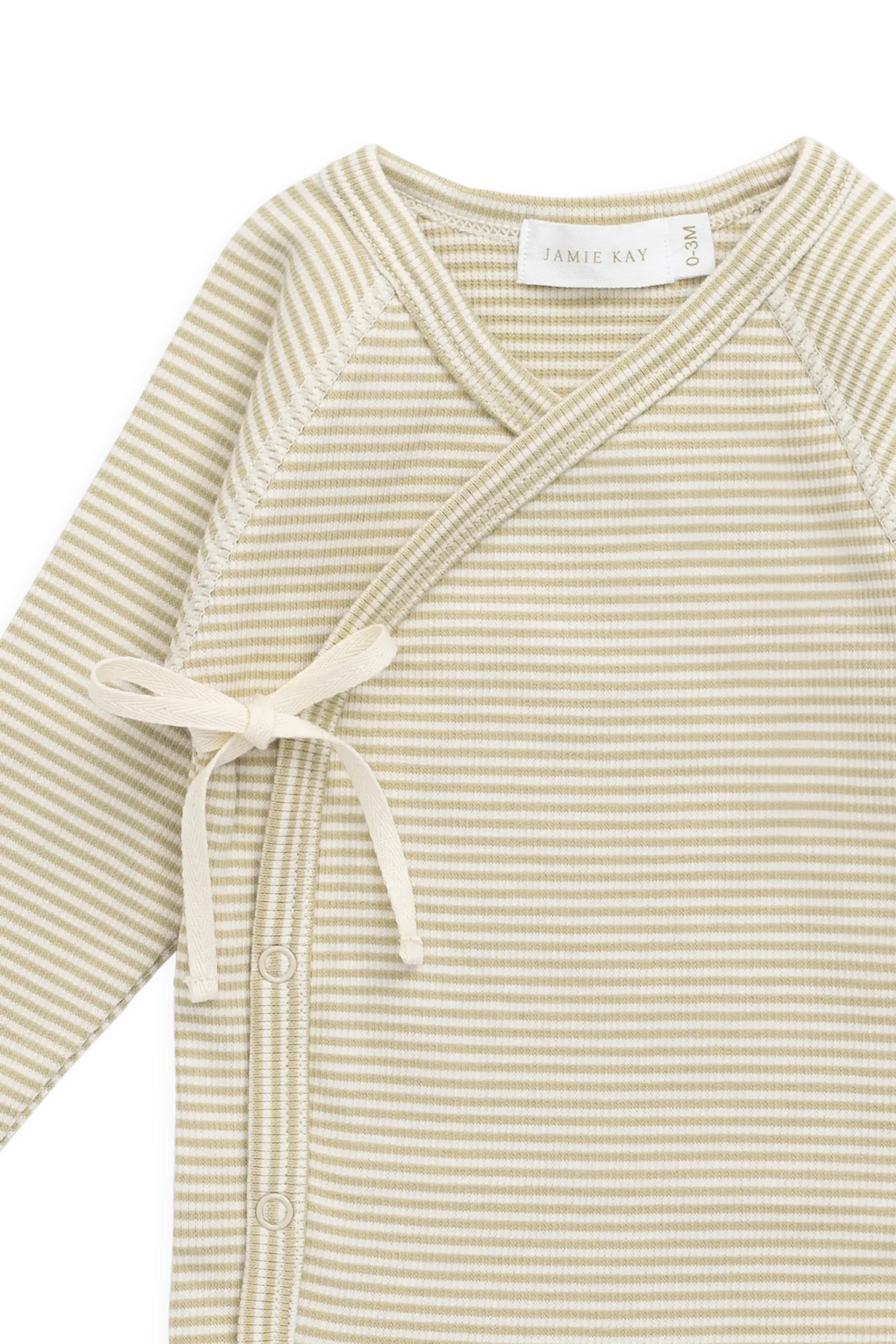 Organic Cotton Fine Rib Micah Long Sleeve Playsuit - Petite Stripe Hay/Cloud