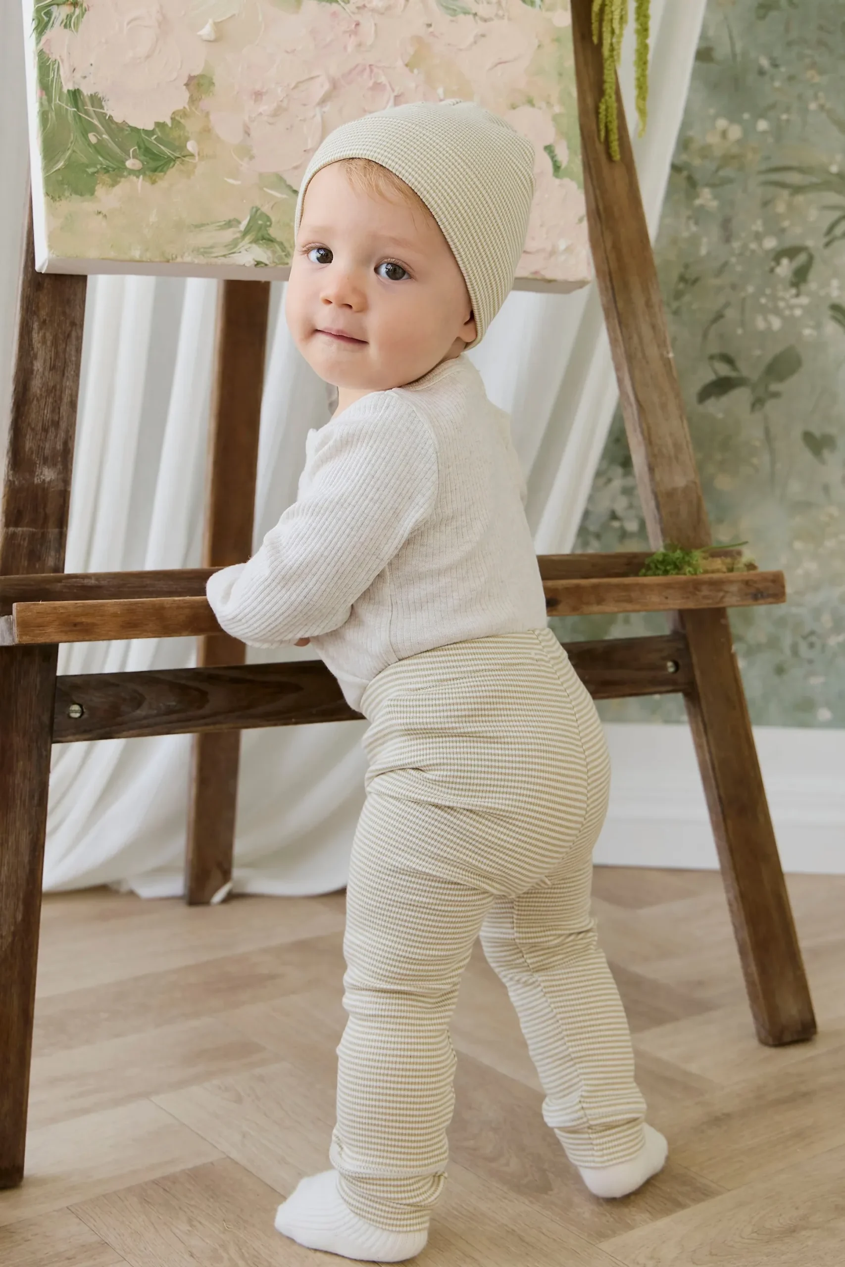 Organic Cotton Fine Rib Wiley Legging - Petite Stripe Hay/Cloud