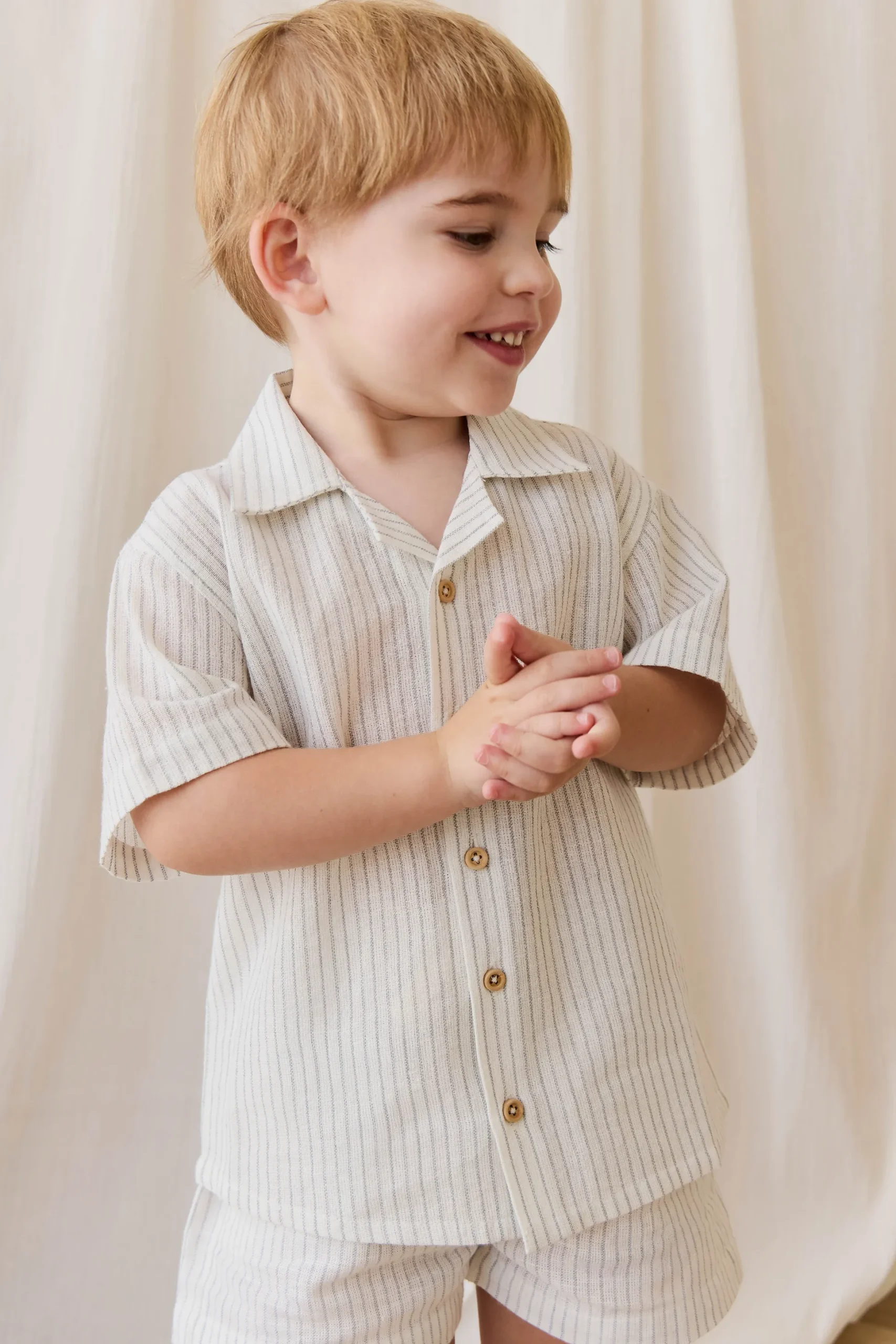 Organic Cotton Louis Short-Mini Pinstripe Parchment / Dawn