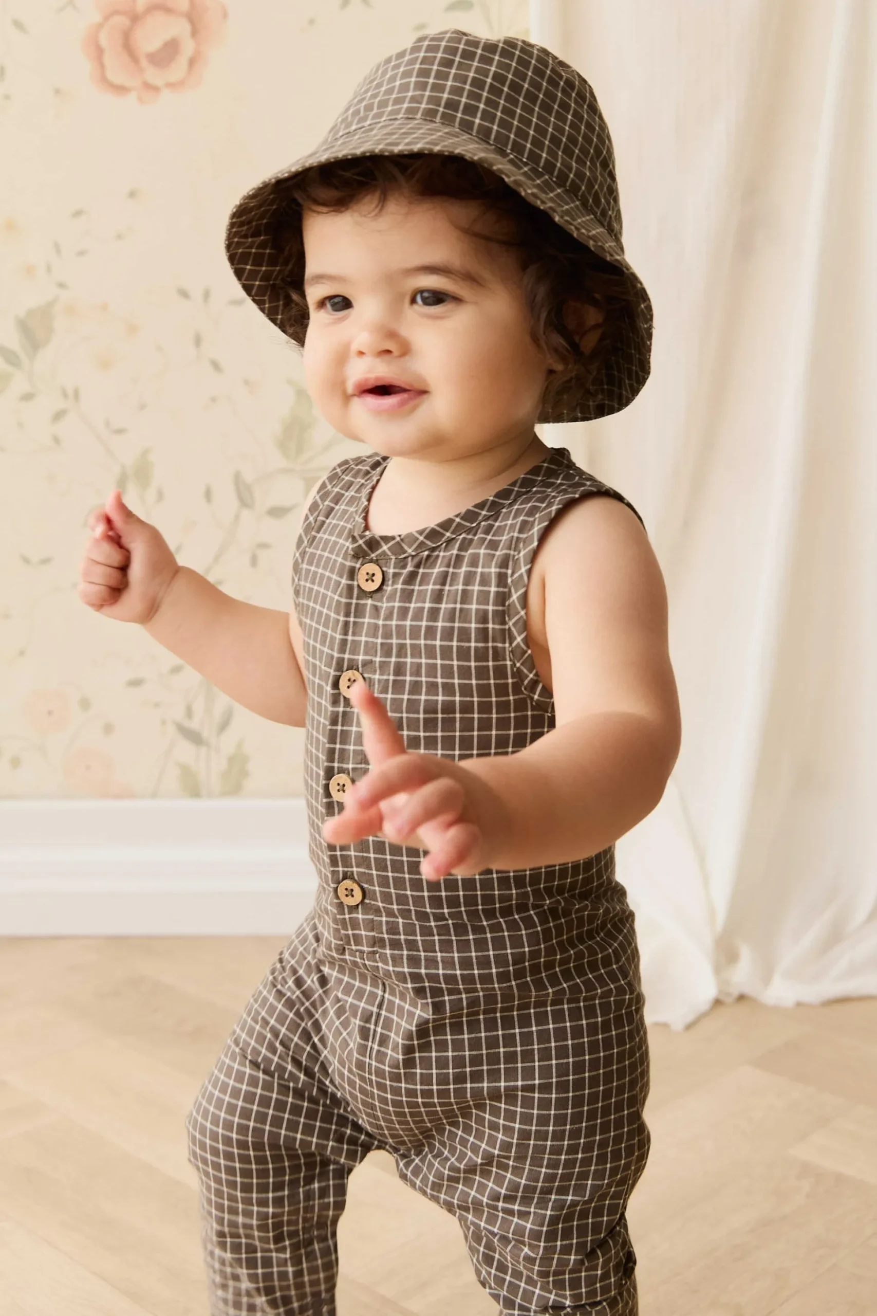 Organic Cotton Milo Jumpsuit - Coffee Grid