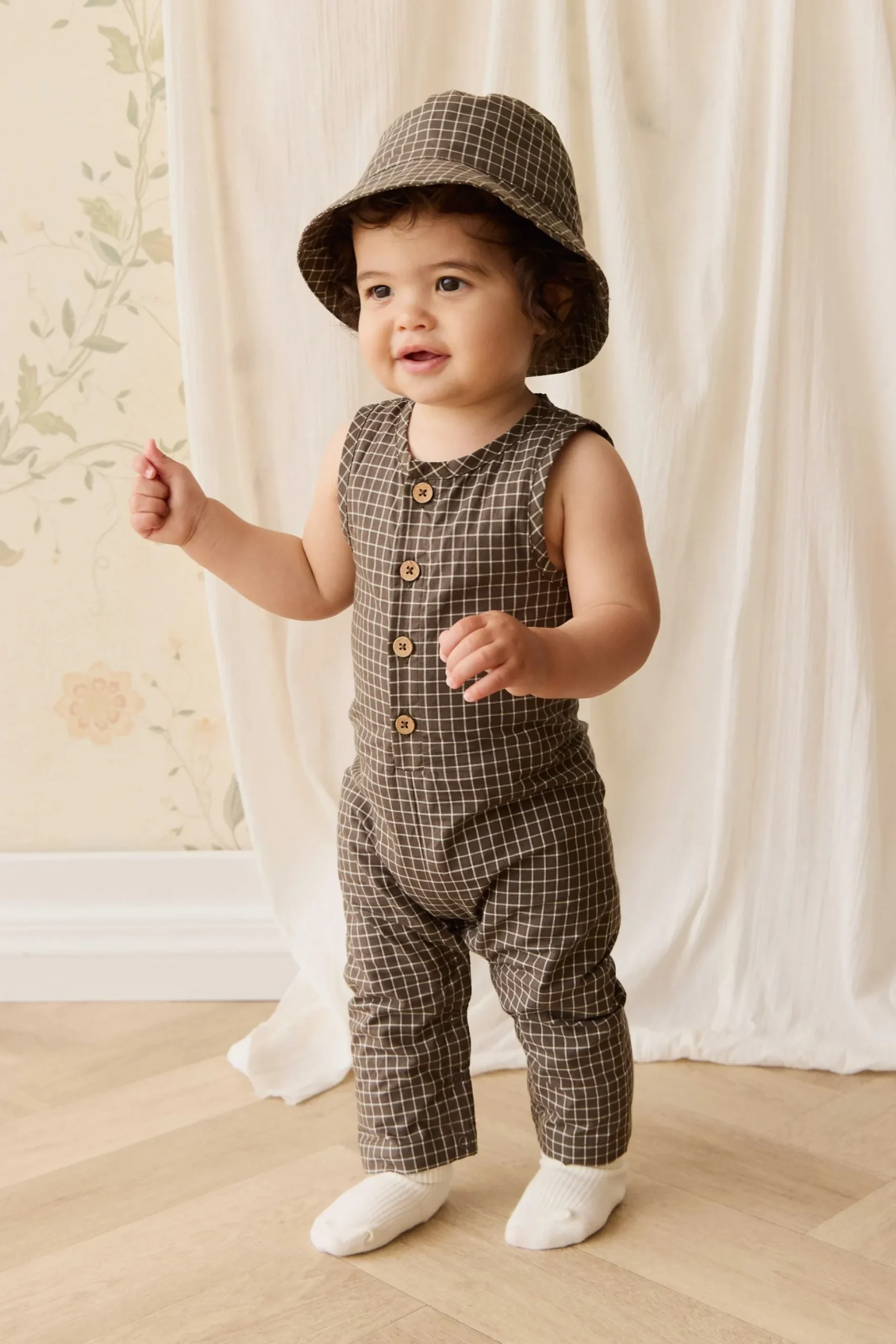 Organic Cotton Milo Jumpsuit - Coffee Grid