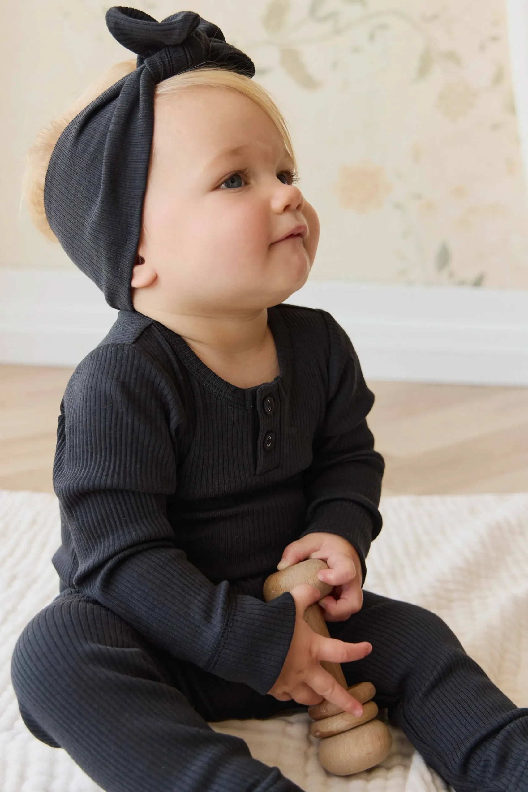 Organic Cotton Modal Long Sleeve Bodysuit - Ebony