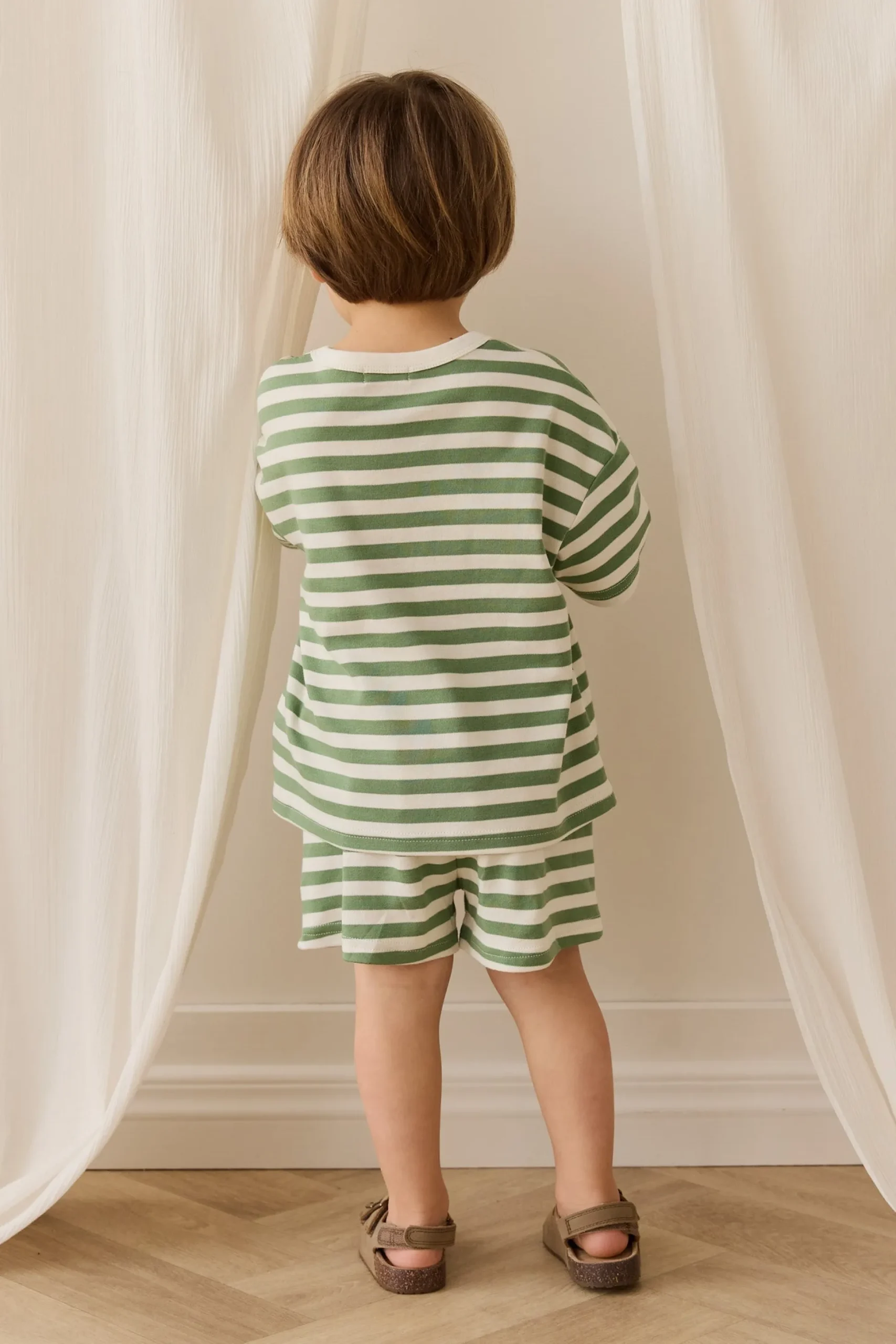 Pima Cotton Wesley Short - Essential Stripe Parchment/Snow Pea
